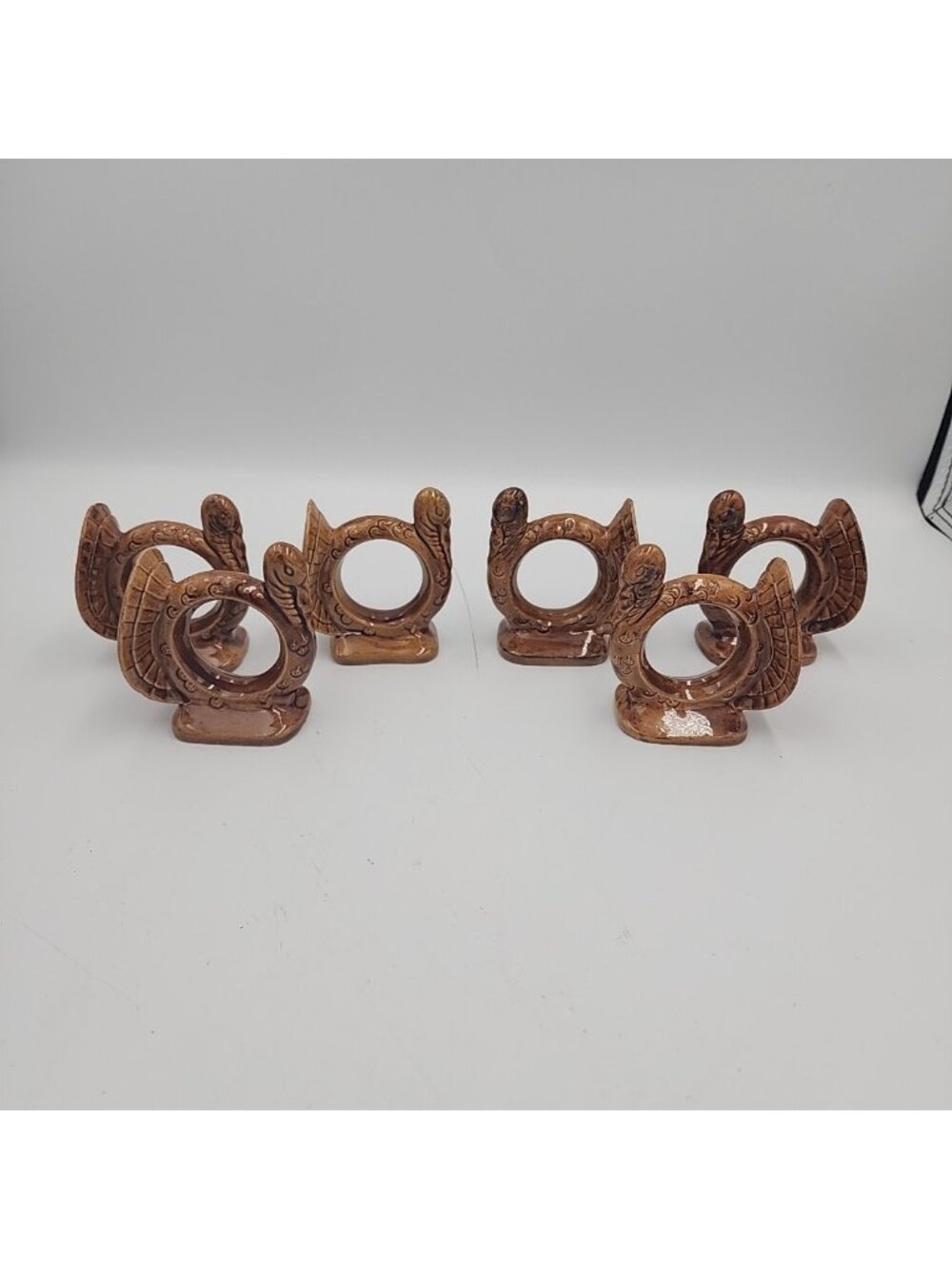 Thanksgiving Turkey Napkin Ring Holder Set Of 6 Brown Ceramic Drip Glaze Vintage